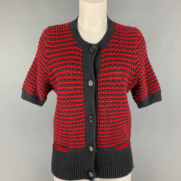 SEE By Chloe Size 8 Grey Red Wool Acrylic Stripe Cardigan - Picture 1 of 1